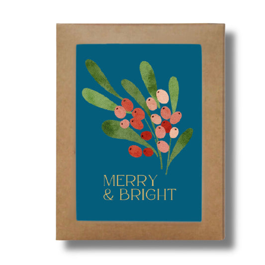 Merry and Bright Holly Christmas Holiday Card | Boxed Set of 8